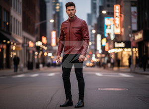 Zarina Wear Men Genuine Leather Winter Embroidered <b>Red</b> Biker Motorcycle <b>Jacket</b> Stand Collar Zip Matte Black Hardware - Product Image 2