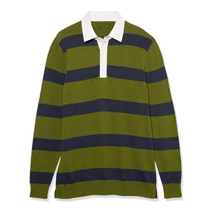 Polo à manches longues rayé en tricot pour homme, style preppy, coupe classique, bleu marine, vert olive, design à blocs de couleur avec boutons - Product Image 1