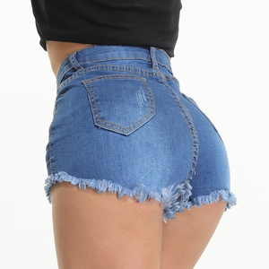 Women's Mid Waist Denim Shorts 100% Cotton Solid Color Ripped Hem Casual Elastic Waist Fit Type Regular Wash Distressed Anti-UV - Product Image 2
