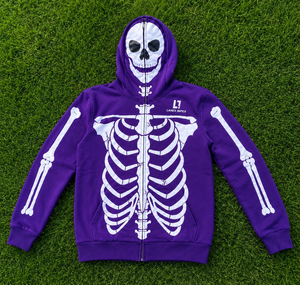 Custom Men Skeleton Hoodie Skull Bone Print Full <b>Zip</b> Sweatshirt Gothic Streetwear Jacket Halloween Costume Purple Graphic Print - Product Image 6