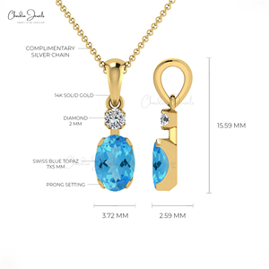 Colgante de Topacio Azul Suizo y Diamantes de 7x5mm en Oro Sólido de 14k, Envío Gratis - Product Image 6