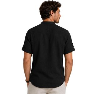 Camisa Henley de Lino Mezclado con Cuello Mandarín para Hombre, Negra, Manga Corta, Casual, Verano, Transpirable, con Botones, Personalizable OEM - Product Image 2