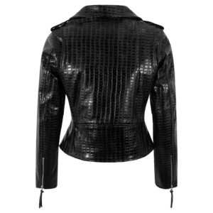 Chaqueta de Motociclista Personalizada de Cuero Vacuno con Estampado de Cocodrilo, Estilo BRANDO para Mujer, con Cierre Cruzado - Product Image 6