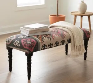Handmade Kilim <b>Bench</b> Moroccan Style Upholstered <b>Wooden</b> Seat Indian Jute Kilim Furniture Boho Entryway <b>Bench</b> for Living Room - Product Image 1