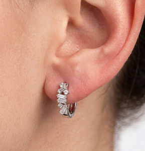 DEF Color VS VVS Clarity 10K 14K 18K <b>Solid</b> <b>Gold</b> Baguette & Round Lab Diamond <b>Huggies</b> Earrings Handmade Platinum Fine Earrings - Product Image 6