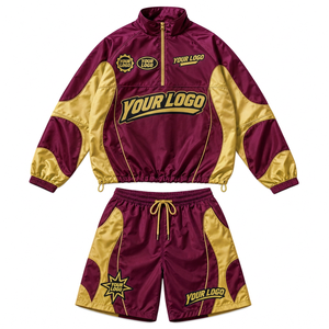 Men's Custom <b>Nylon</b> Patchwork Windbreaker Set Lightweight Hoodie and <b>Shorts</b> With Contrast Panels for Urban Streetwear Fashion - Product Image 2