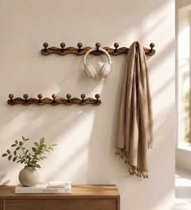 Minimalist Modern Double Tier Wooden <b>Wall</b> Mounted Sliding Adjustable Coat Rack with Storage <b>Display</b> Functions No Drill Required - Product Image 1