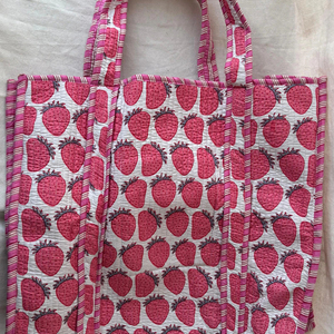 Quilted Kantha Stitch Geometric Pattern <b>Foldable</b> Rope Handle Cotton Tote <b>Bag</b> Eco Friendly Reusable Shoulder Handbag - Product Image 1