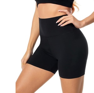 High Waist Solid Color Sporty Shorts For Women Knitted Spandex Polyester <b>Elastic</b> Waist Skinny Fit Workout Wear - Product Image 1