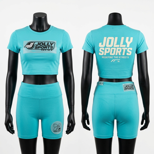 Conjunto Premium de Top Corto y Pantalones Cortos de Ciclismo para Mujer, 280GSM, Algodón y Spandex, Color Cian, Ropa Deportiva, Logotipo con Parche de Goma, Marca Personalizada - Product Image 2
