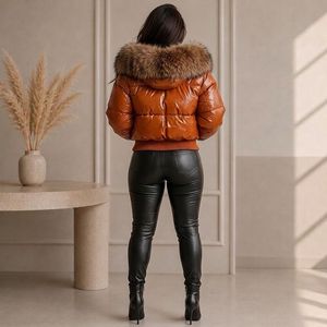 Sheep Leather Puffer Jacket with fox <b>fur</b> hood , lederjacken puffer damen with fox <b>fur</b> <b>trim</b> , Bubble Jacket for woman - Product Image 3