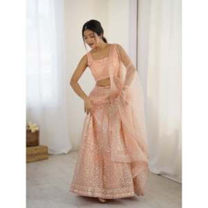 FB Handmade A-Line Embroidered Organza Lehenga Choli for Parties Featuring Rainbow <b>Sequins</b> Dori Work Crop <b>Top</b> Natural Waistline - Product Image 5