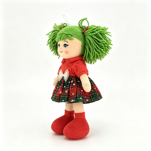 customized Christmas plush rag <b>doll</b>, green yarn pigtail girl <b>doll</b>, holiday plaid skirt stuffed <b>doll</b>, red top cloth <b>doll</b> - Product Image 4