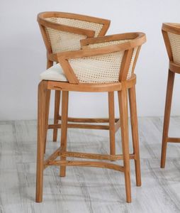 Natural Teak Wood Bar <b>Stool</b> <b>with</b> Rattan <b>Back</b> – Modern Upholstered Counter Chair for Restaurant Cafe & Bar - Product Image 3