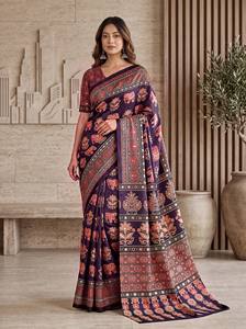 Artisan Ajrak Print Crap Silk <b>Saree</b> With Real Mirror Handwork Unstitched Blouse Festive Wedding Traditional Regional Clothing - Product Image 5