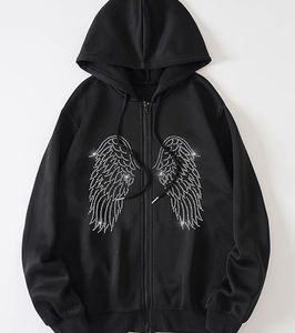 Women's <b>Feathered</b> Angel Wings Rhinestone Zip-Up Hoodie 2026 Sparkle Black Oversized Y2K Streetwear Luxury Soft Fleece <b>Top</b> HD - Product Image 1