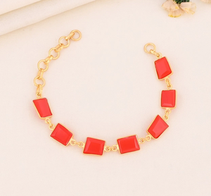 Approx. 8x10mm Rectangle Shape <b>Red</b> Coral Gemstone 925 Silver 14K Gold Plated Bezel Setting Chain <b>Bracelet</b> For Women Fashion Gift - Product Image 3