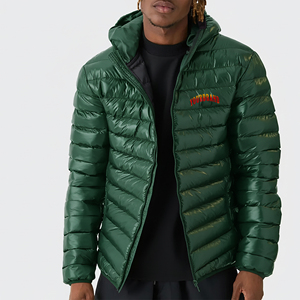 <b>Men's</b> Green Hooded Puffer <b>Jacket</b> Windproof Casual Winter Coat Polyester Wadding Zipper Closure Embroidered Logo Front - Product Image 1