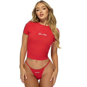 Conjunto de Bikini Brasileño Rojo de 2 Piezas, Top Corto y Tanga con Bordado de Logotipo Frontal, Color Sólido, Traje de Baño Unisex - Product Image 1