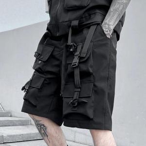 Men's Black Cargo Shorts Elastic Waist Canvas Workwear Style Quick Dry Bermuda Length Solid Color Pockets Decoration - Product Image 5
