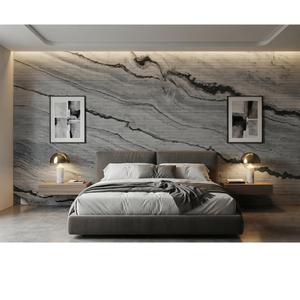 Mostrador de Recepción Moderno de Mármol River Blue Flute (20mm) L-657 (116"75"=03 Losas) con Patas Metálicas, Capacidad para 6 Personas - Product Image 3