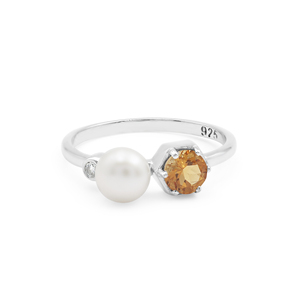 Bague minimaliste en argent sterling 925 pur à 100 % avec perle d'eau douce et pierre précieuse citrine sertie à griffes, bijoux fins pour femmes - Product Image 2