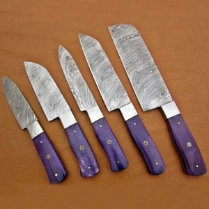 Ensemble de 5 couteaux de chef professionnels écologiques multifonctions en acier inoxydable avec manche en bois coloré - Product Image 4