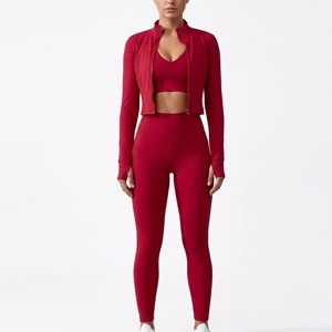 <b>Red</b> 2-Piece Yoga Set With <b>Crop</b> <b>Top</b> Full-Length Leggings And Zipper Jacket High Waist Seamless Design - Product Image 1