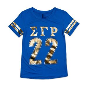 เสื้อยืด SGR สีน้ำเงินรอยัลบลู ฟอยล์ พิมพ์ลายตัวอักษรกรีกแบบเมทัลลิก เสื้อแขนสั้นผ้าฝ้าย เสื้อทีมชมรมพรีเมียม - Product Image 1
