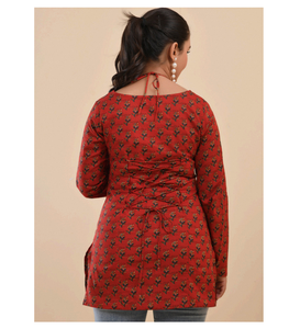 Long Sleeve Dual Neckline Short Cotton Vintage Quick Dry Summer Winter Women's Comfortable Lightweight Short <b>Kurti</b> Daily Wear - Product Image 2