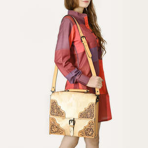 Vintage Cow <b>Leather</b> Briefcase With Hand Tooled Floral Design Buckle Closure Adjustable Strap Unisex Soft <b>Bag</b> - Product Image 2