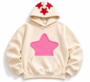 Sweat-shirt en molleton décontracté pour homme, couleur crème, avec appliqué étoile rose, coupe ample, broderie personnalisée, streetwear, vêtements d'automne et d'hiver - Product Image 1