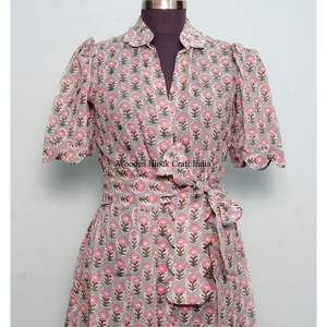 Indian Cotton Floral Block Print Dress <b>Button</b> Down Dress Women's <b>Dressing</b> <b>Gown</b> Casual Dress Print Women short Sleeve Long Length - Product Image 4