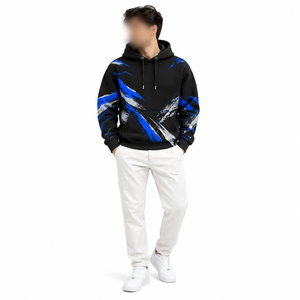 Sweat à capuche graphique noir et bleu pour homme |   Sweat-shirt en coton oversize style streetwear |   Sweat à capuche d'hiver personnalisé imprimé - Product Image 4