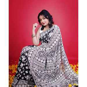 Sari de diseñador con bordado de hilo Lakhnavi, ropa india y pakistaní - Product Image 2