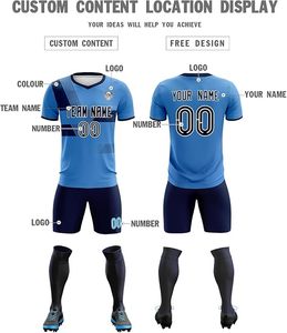 Conjunto de Camiseta de Fútbol Azul Personalizable para Hombre, Manga Corta, Cuello en V, Transpirable, Impermeable, Resistente al Viento, Poliéster, Impresión por Transferencia de Calor, para Equipo - Product Image 2