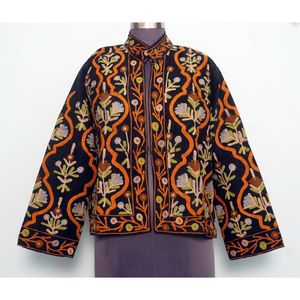 Amazing Look Cotrise Embroidery Floral Quilted Autumn Winter <b>Jacket</b> Women's Regular Length <b>Mandarin</b> <b>Collar</b> Full Sleeve Button - Product Image 1