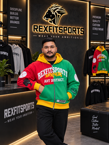 เสื้อฮู้ดสตรีทแวร์ผู้ชาย REXFITSPORTS 2026 แบบซิป สีบล็อก แดง เขียว เหลือง พิมพ์ลายกราฟิก ผ้าฟลีซสั่งทำพิเศษ - Product Image 3