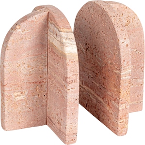 Pink Travertine Stone Bookends 6x5x3 Inches Rustic Curve Design Decorative Arch Shape 2Pcs Set - Product Image 1