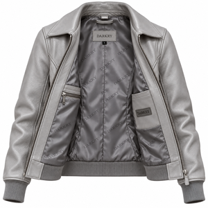 Custom Womens Light Grey Real <b>Leather</b> Bomber Jacket Wholesale Collared Ribbed <b>Waist</b> Ladies Biker Outerwear <b>Coat</b> - Product Image 5