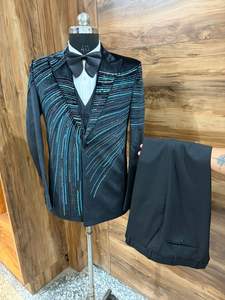 Costume de smoking noir brodé pour homme – Blazer de soirée, de mariage ou de bal, fait main, avec motif à sequins, veste et pantalon - Product Image 5