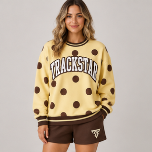 Women's Pale <b>Yellow</b> Jumbo Dot Varsity Crew Neck 2-Piece Shorts Set Custom Casual Sportswear - Product Image 1