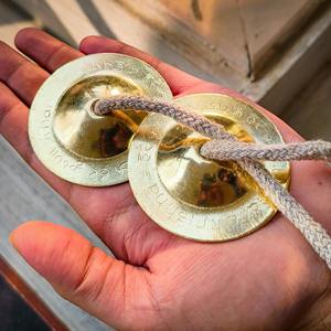 Bronze Hare Krishna Manjeera Cymbals 2pcs – Engraved Tingsha Gong for Meditation Yoga Sound Healing Wholesale Supplier - Product Image 1