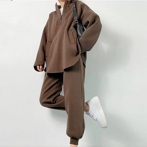 Unisex Solid Color Cotton Tracksuit Set Half-<b>Zip</b> <b>Hooded</b> Casual Breathable Streetwear Regular Fit Winter Full Length Heavyweight - Product Image 2