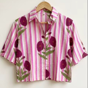 Ensemble 3 pièces en coton 100 % à fleurs roses pour femmes, haut à bretelles spaghetti, pantalon palazzo à jambes larges. - Product Image 3