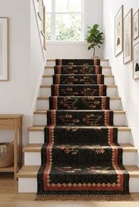 Bohemian Geometric Pattern Wool Acrylic Stair <b>Runner</b> Rug with Fringe and Rubber Backing Rectangle Non-Slip Flat Weave - Product Image 1