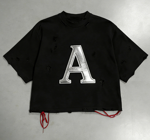 T-shirt court oversize rouge avec imprimé lettre A floquée blanche sur le devant, manches courtes, col rond, style streetwear, haut en jersey de coton pour homme - Product Image 2