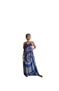 Vestido maxi bohemio tie-dye para mujer, azul, de rayón, sin mangas, con tirantes finos, corte holgado, estilo playero - Product Image 4