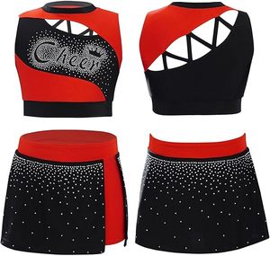 Ensemble deux pièces de cheerleading pour filles, noir et rose, avec strass, haut court et jupe plissée, tenue de danse et uniforme d'entraînement en Spandex et Nylon - Product Image 1