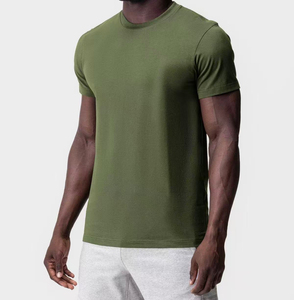 T-shirt pour homme à manches courtes vert olive, col rond, coupe ajustée, décontracté, tricoté, couleur unie, jersey respirant en coton - Product Image 1